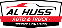 Logo for AL HUSS AUTO & TRUCK LLC with a red car outline above bold text. Below, red banner reads Auto & Truck and Service | Collision is written at the bottom.